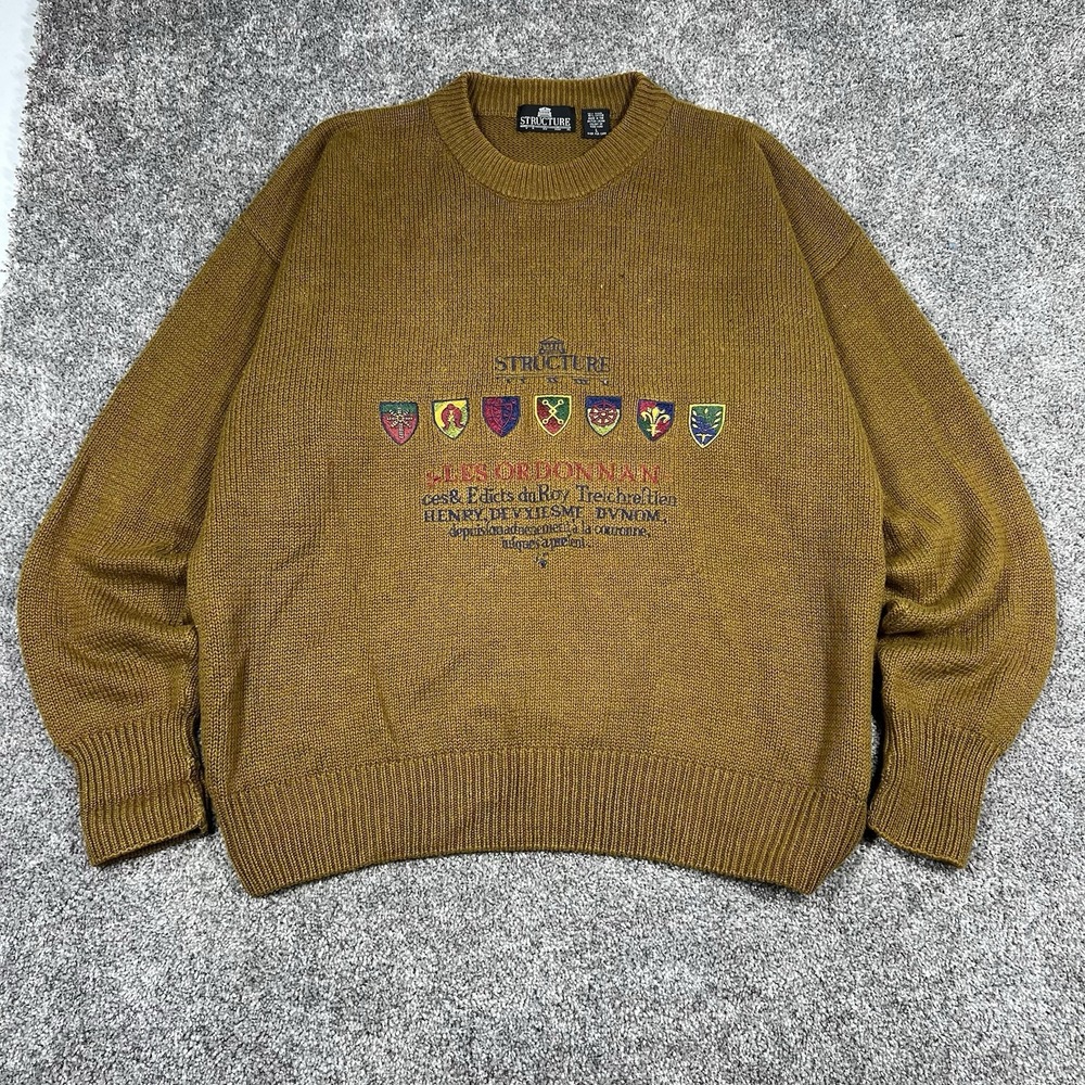 Vintage 80s 90s Structure Sweater Embroidered Crests Latin Chunky Knit Cotton L